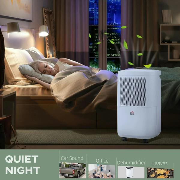 White dehumidifier on wheels on a bed at night with soft blue indicator light