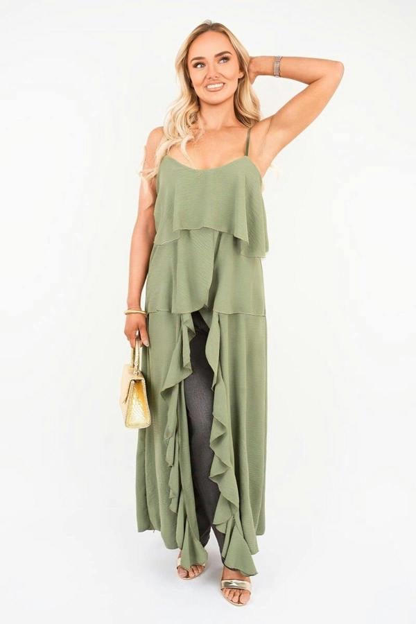 Nayeli Layered Cami Top With Asymmetric Hem - Khaki