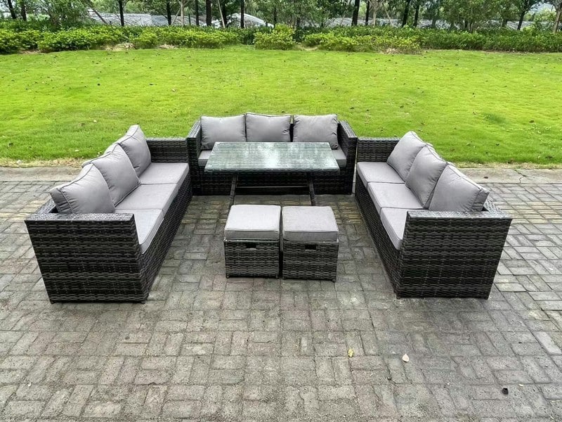 Fimous 11 Seater Rattan Outdoor Furniture Sofa Garden Dining Set with Patio Dining Table 2 Small Footstools Dark Grey Mixed