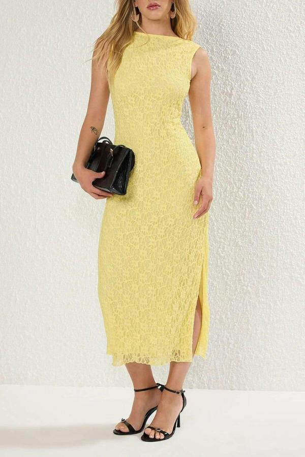 WOVCOR Lace Bodycon Backless Stretchy Knit Dress