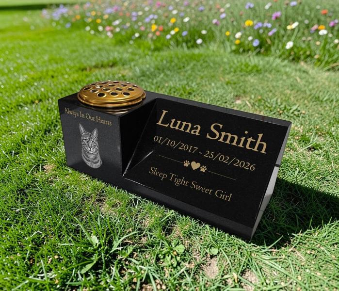 Memorials Direct Cat Memorial Granite Photo Vase & Plaque Combination