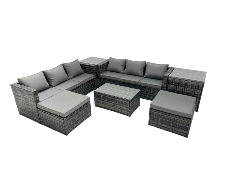 Fimous Rattan Garden Furniture Dining Set 8 seater Patio Coffee Table Sofa Set with 2 Side Tables 2 Big Footstools Dark Grey Mixed