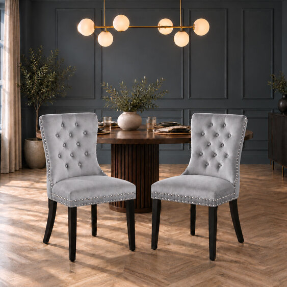 Neo Set Of Two Grey Studded Velvet Dining Table Chairs with Ring Knocker