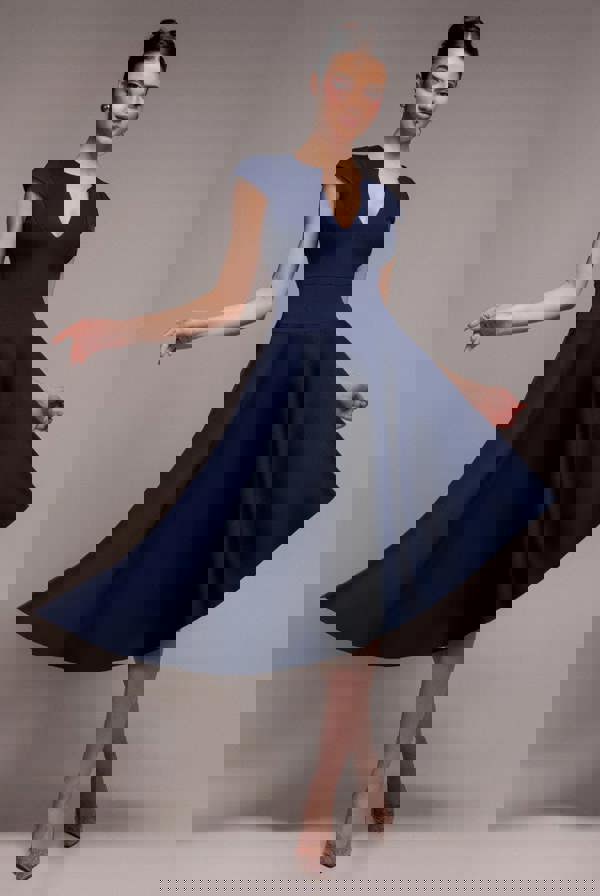 Cap Sleeve Skater High Low Midi Dress - Navy Blue DR5100