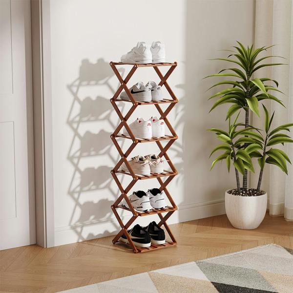 Living and Home 6 Tier Bamboo Folding Shoe Rack Shoe Storage Organiser - Walnut