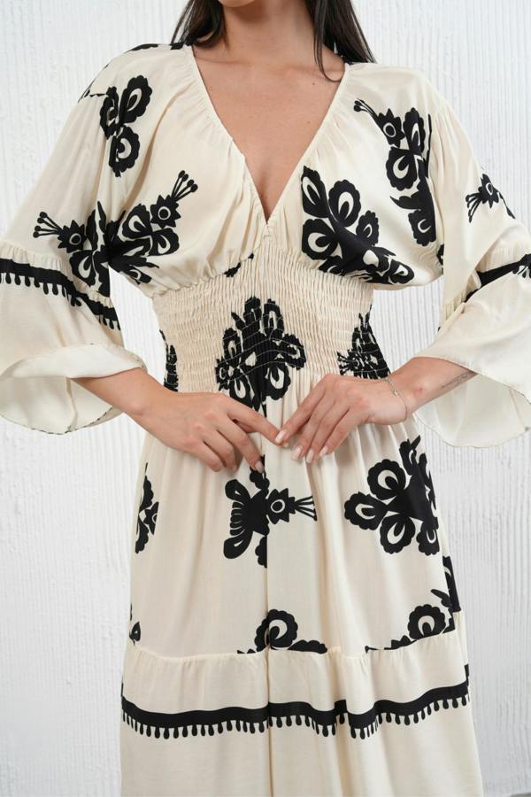 Hoxton Gal Relaxed Fit 3/4 Sleeves V Neck Printed Knee Lenght Dress in Beige and Black