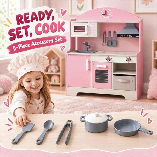 Bobobiy Kids Play Kitchen with Lights & Sounds, Pretend Play Toy set with Fabric Drawer, 5-Piece Accessories for 3-6 Years, Pink