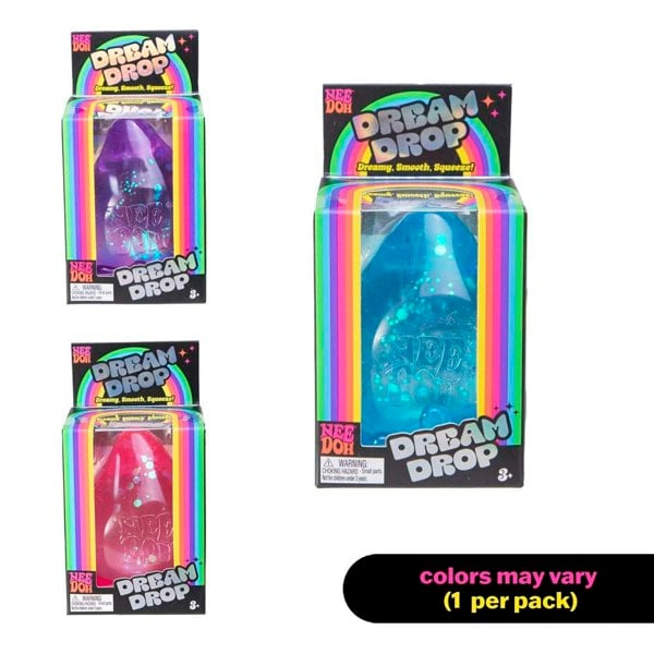 NeeDoh Dream Drop - 1 Colour Chosen At Random, Glitter Raindrop Fidget Toy with Removable Base