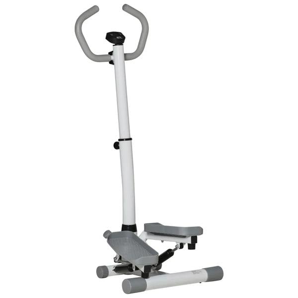 Adjustable twist stepper with U-shaped handlebars and gray pedal platforms on a white frame