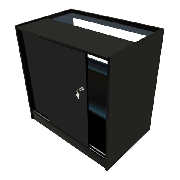 Black Phoenix LED shop counter set featuring sleek design, glass top, sliding door, and interior shelves for organized display