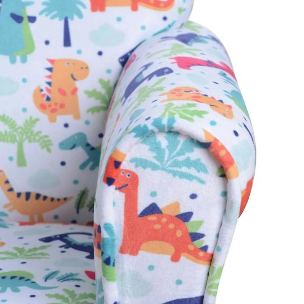 Close-up of dinosaur-print armrest on children’s tub chair, padded fabric edge
