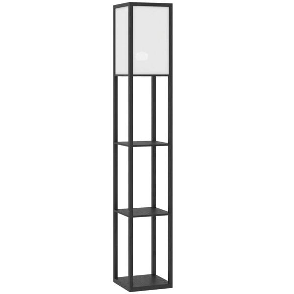 Black floor lamp with transparent panels and three open shelves, tall rectangular frame