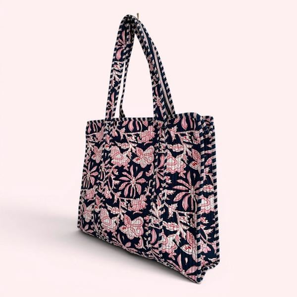 Hayley & Co Navy and Pink Flower Quilted Cotton Tote Bag