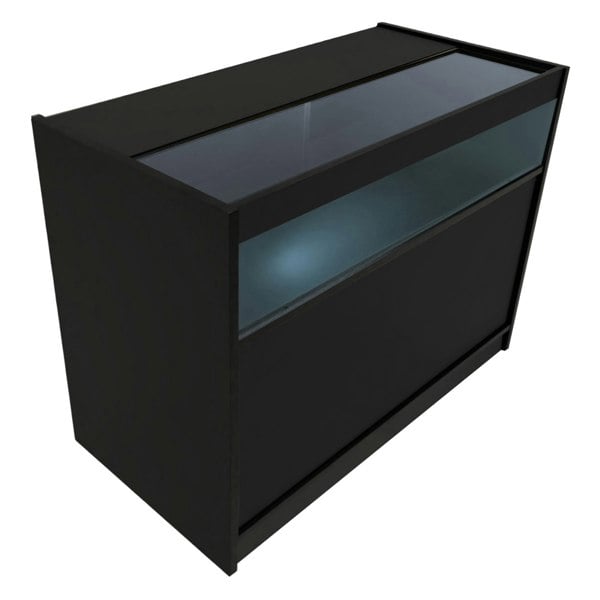 Triton LED shop counter set in sleek black, featuring a glass top and illuminated display area for showcasing products