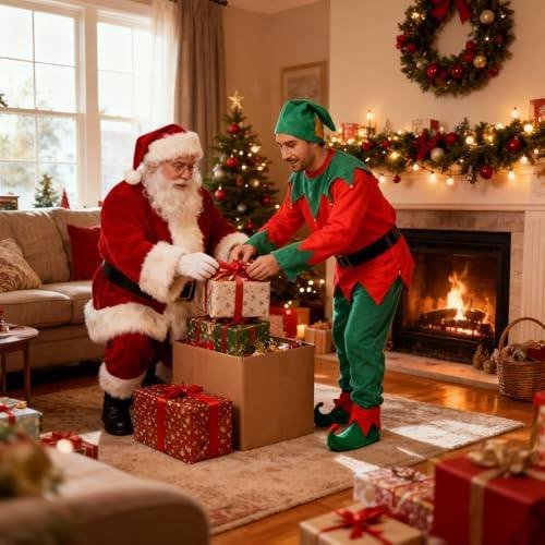 One Size Adult Unisex Christmas Elf Fancy Dress Costume with Hat, Shoes, Belt and Trousers image 6