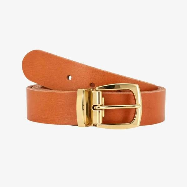 Front view of Tan leather belt with a gold buckle on a white background
