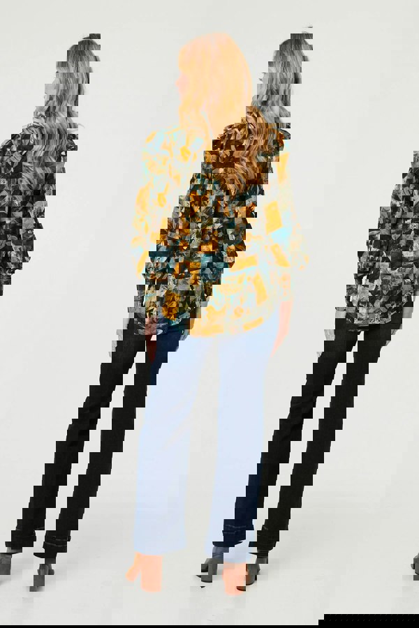 Teal | Leaf Print Puff Sleeve Relaxed Shirt
