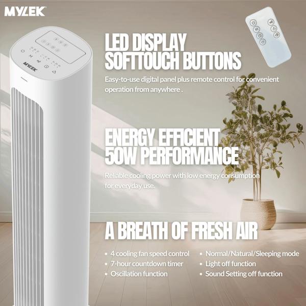 MYLEK Tower Fan 34"  - 4 Speed Control & Timer - White