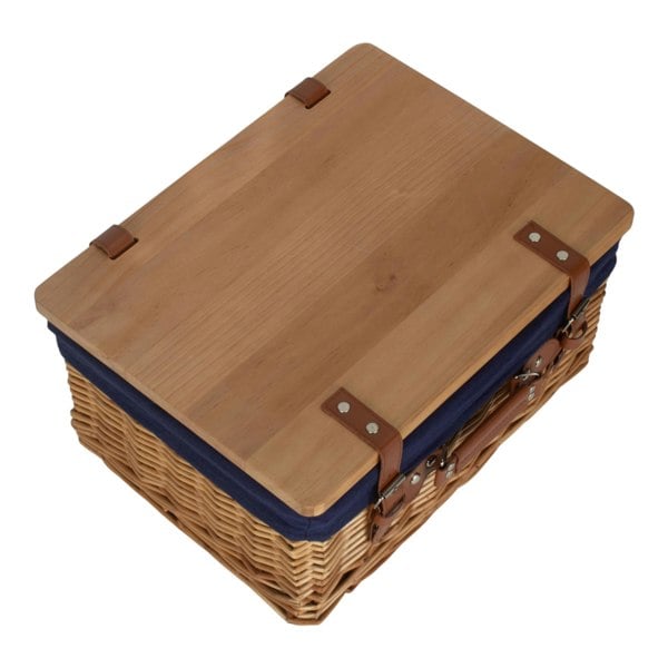 Double Steamed Navy Lined Willow Picnic Basket with Pinewood Lid
