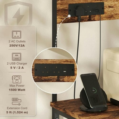 Bobobiy Bakers Rack with Power Outlet, Microwave Stand with Adjustable Shelves, 5 Hooks for Small Spaces, Rustic Brown