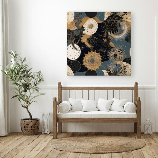 Warren Reed Abstract Blue Gold Moon Sun Canvas