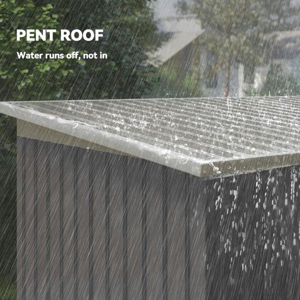 Corrugated metal shed roof with water-shedding surface along the edge