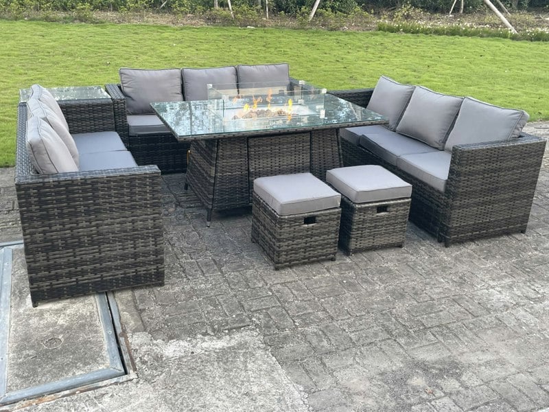 Fimous Rattan Outdoor Garden Furniture Set with Gas Fire Pit Dining Table, 3 Sofas, 1 Side Table, 2 Small Footstools - 11 Seater - Dark Grey