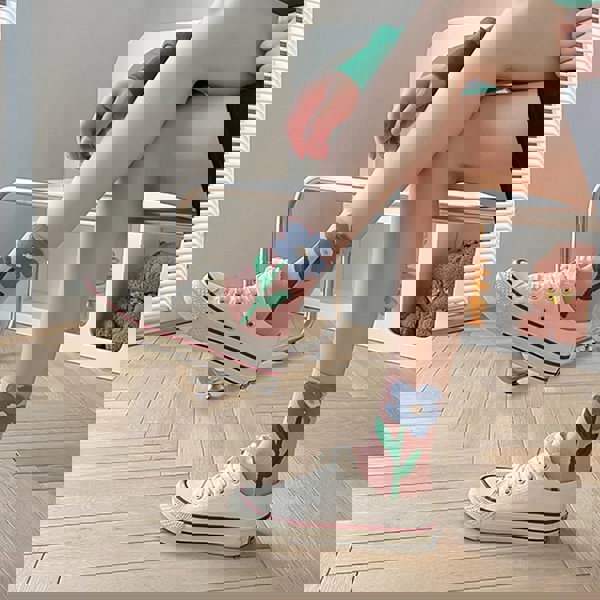 Anyfootwear 5 Pairs One Size 5-8 White Blue Style Cartoon Flower With Candy Color Kawaii Mid Tube Breathable Casual Short Socks For Women