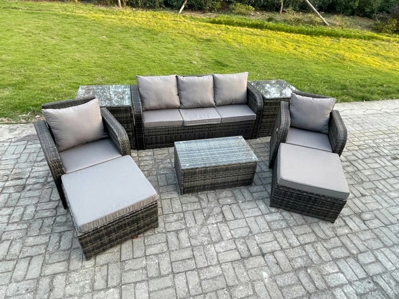 Fimous Rattan Garden Furniture Set - Dark Grey Mixed Patio Lounge Sofa with Rectangular Coffee Table & 2 Big Footstools