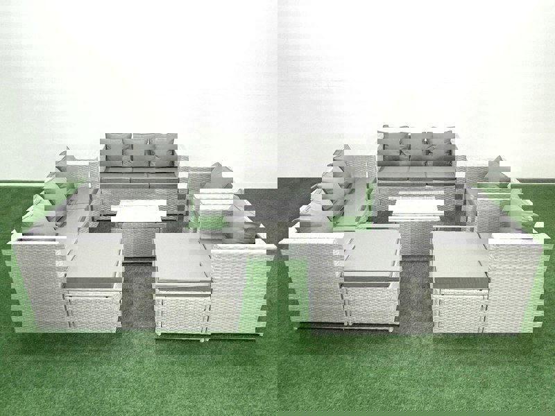 Fimous Outdoor Rattan Sofa Garden Furniture Set with 2 Armchairs Oblong Coffee Table 2 Big Footstools Light Grey Mixed