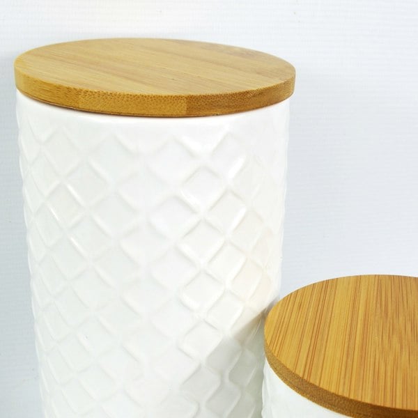 Leaf Set of Two Ceramic Jars Embossed Cream Canisters with Lids