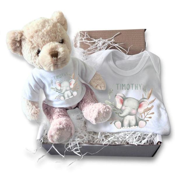 Personalised Happy Elephant Gift Hamper Baby Gift Box - Teddy & Vest