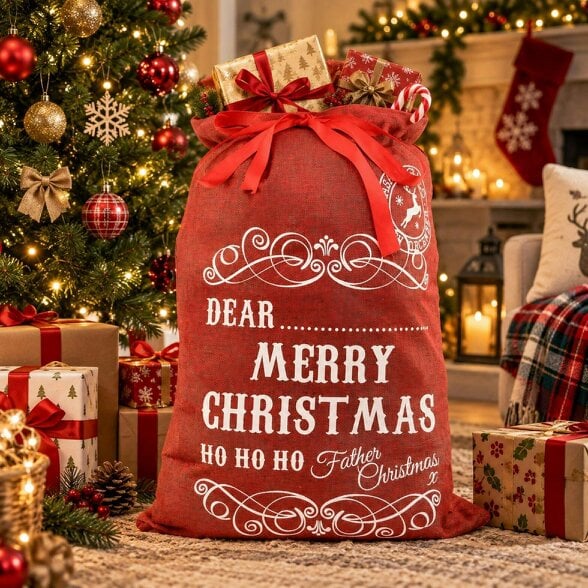 Shatchi 31cm Red Christmas Gift Sack with Ribbon Tie for Personalised Festive Present Wrapping