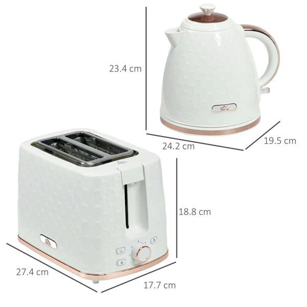 Cream electric kettle and 2-slice toaster with size measurements