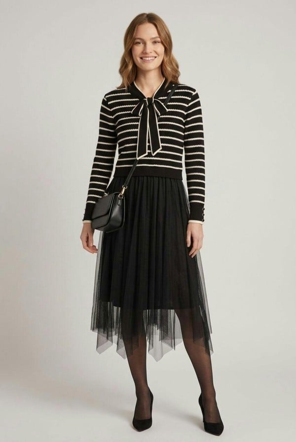 Izabel London Striped Mesh Layered Midi Jumper Dress