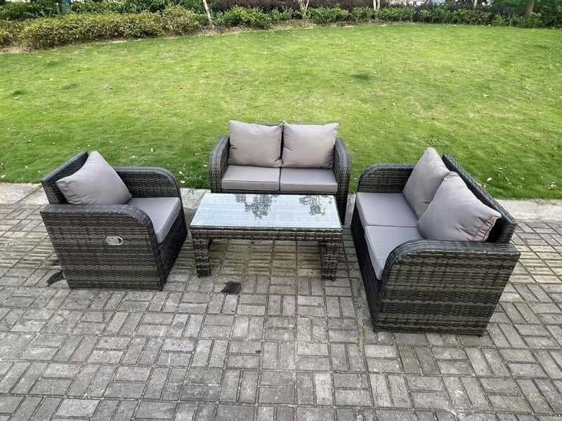 Fimous 5 Seater Dark Grey PE Wicker Rattan Garden Furniture Set Reclining Chair Love Sofa 2 Seater Sofa Set Outdoor Oblong Coffee Table