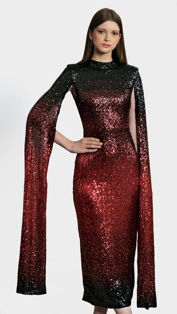 LuvForever Phoenix - Red Black Cape Sleeve Sequin Midi Dress