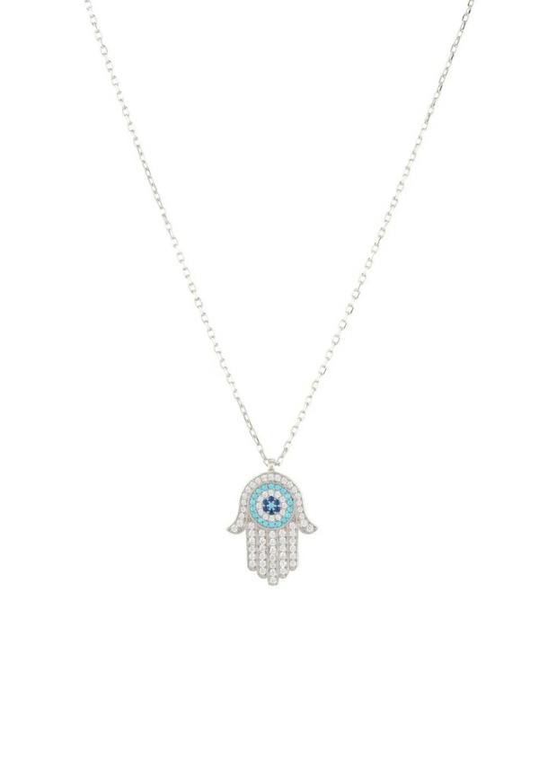 Hamsa Hand With Evil Eye Pendant Necklace Turquoise Silver - LATELITA Necklaces