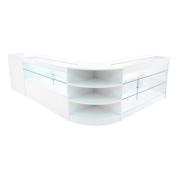 Theia LED Shop Counter Set in white features sleek glass displays, curved edges, and modern design for retail environments