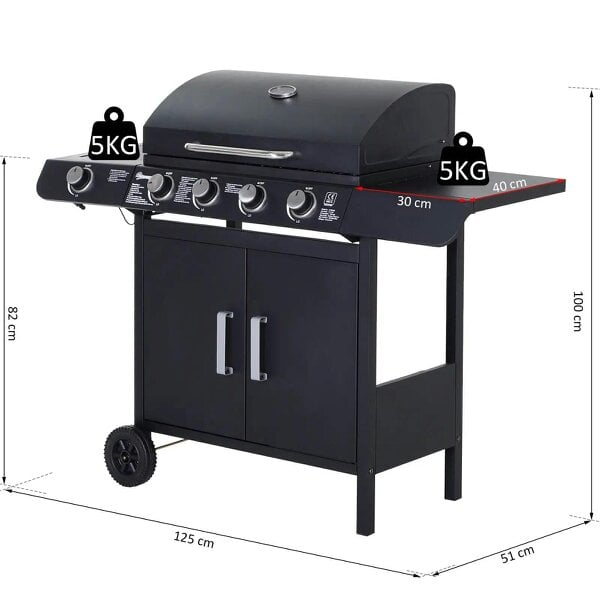 Bobobiy 4+1 Burner Gas BBQ Grill, Outdoor Barbecue Trolley with Wheels, Warming Rack, Side Shelves, Thermometer, 125 L x 51 W x 100 H cm, Black