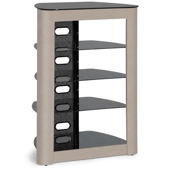 Homeology ZINNIA 5-Tier Entertainment Media Stand Black Glass Shelves & Greige Facia Audio Rack Stylish Home Theater Storage