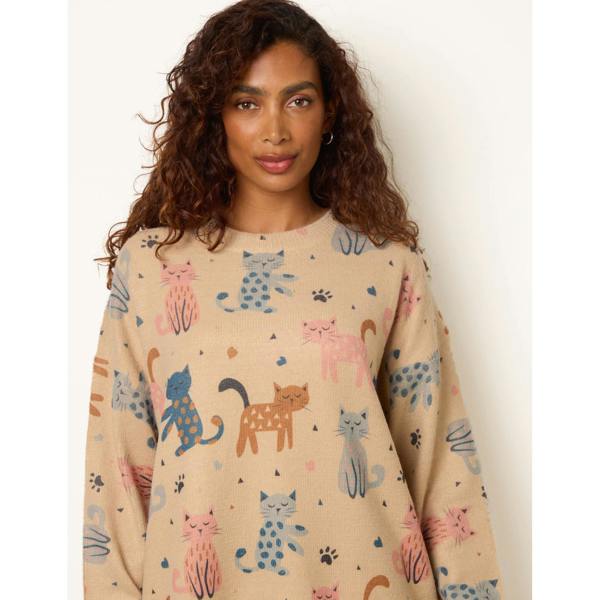 Blue Vanilla All-Over Colourful Cat Print Jumper