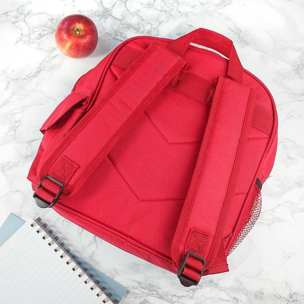 Back view of the personalised bright red stars mini rucksack showing padded adjustable shoulder straps and top grab handle.