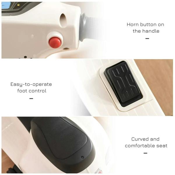 White kids electric scooter controls: horn button on handle, foot pedal, and seat