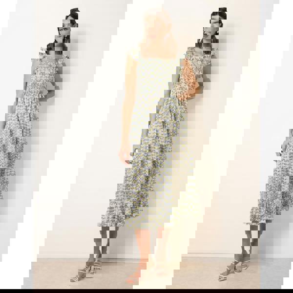 Blue Vanilla Floral & Frill Shirred Bodice Midi Dress