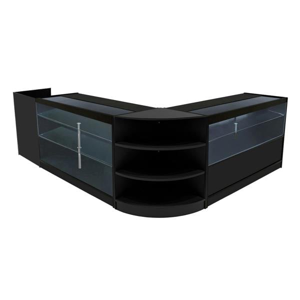 Theia LED Shop Counter Set in black features sleek glass displays, curved edges, and ample shelving for organized retail presentation