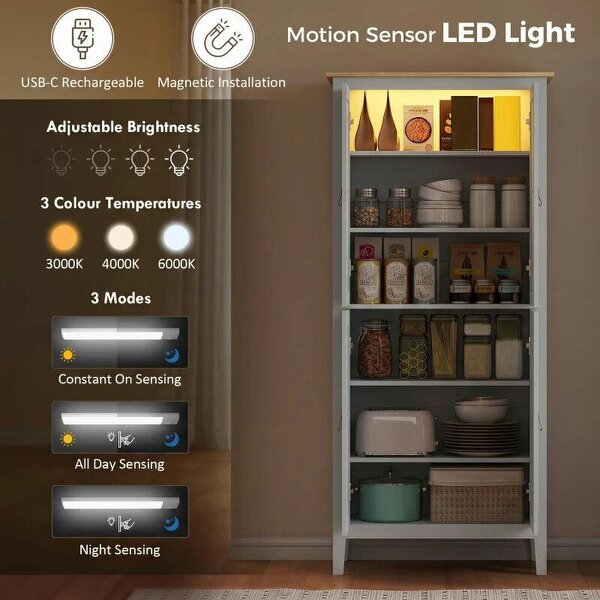 Tall Pantry Cupboard with Motion Sensor LED Light - Grey