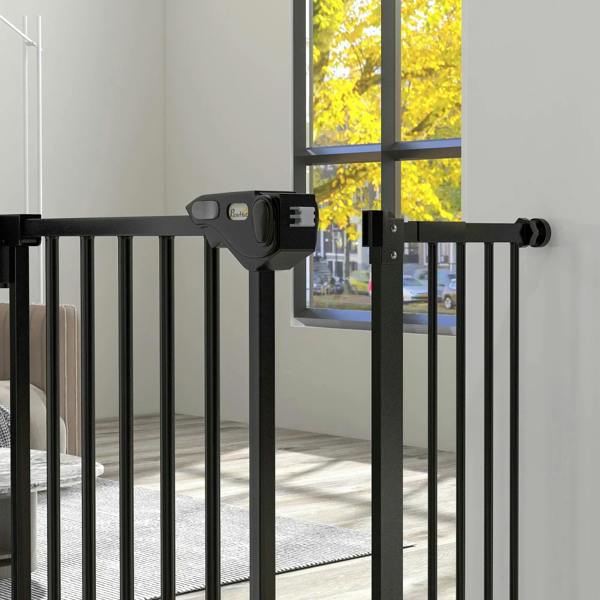 Black safety gate latch assembly with vertical bars and side mounting posts
