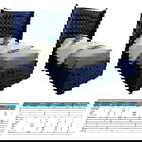 Casa Magna Florence Wide Winged Upholstered Soft Velvet Bed Frame - Blue