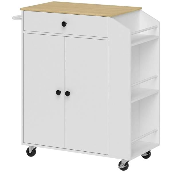 White rolling kitchen storage cabinet with drawer, two-door cupboard, and open shelving